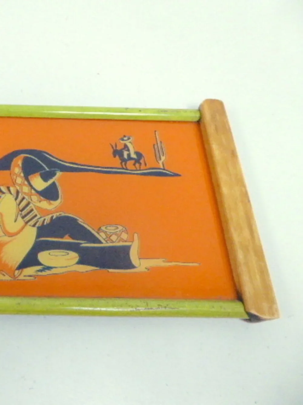 TRAY mid century MCM REVERSE GLASS PAINTED orange Mexico wood vintage - Picture 3 of 12